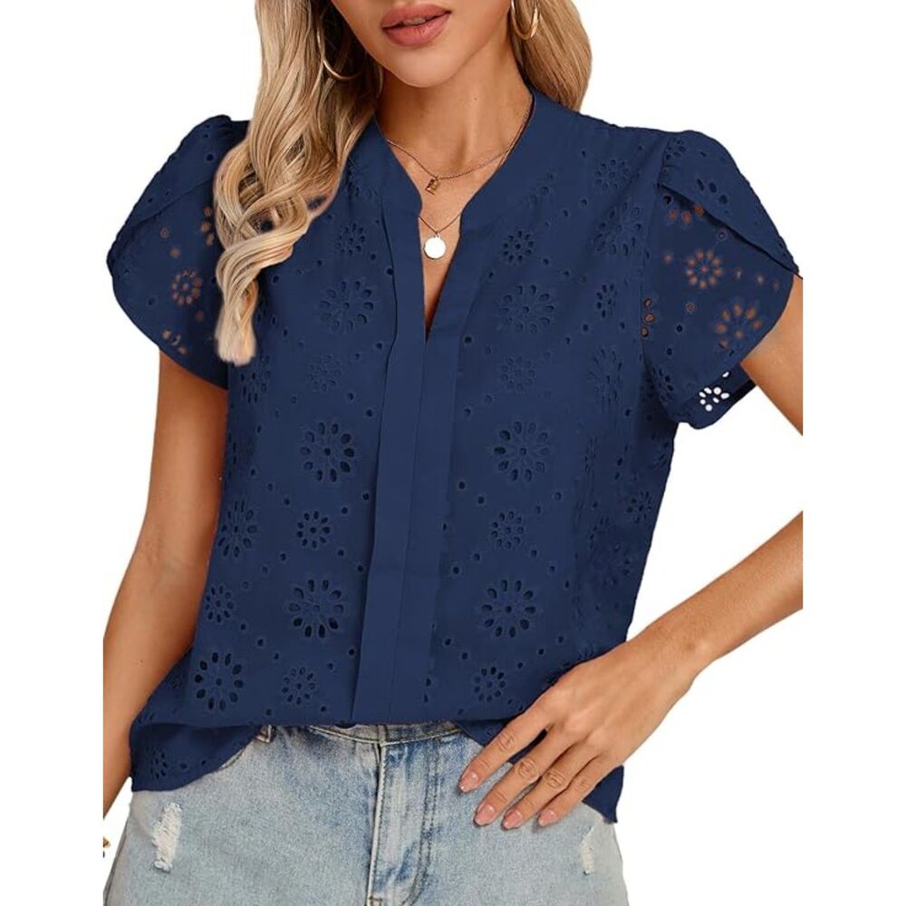 Casual V Neck Short Sleeve Blouse, Small, 11G-189T004
